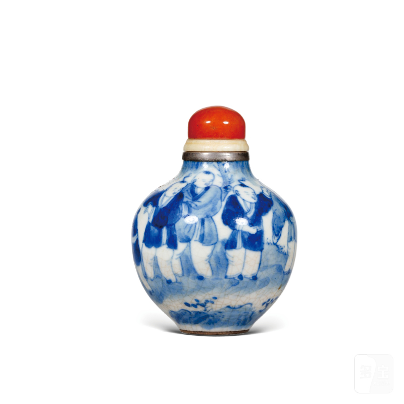 清晚期哥釉青花婴戏纹鼻烟壶（包铜口）